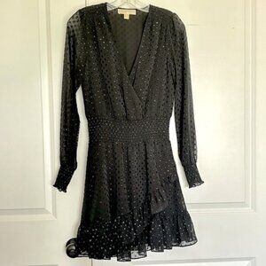 MICHAEL Michael Kors Black Metallic Black Dot Long Sleeve Faux Wrap Dress S